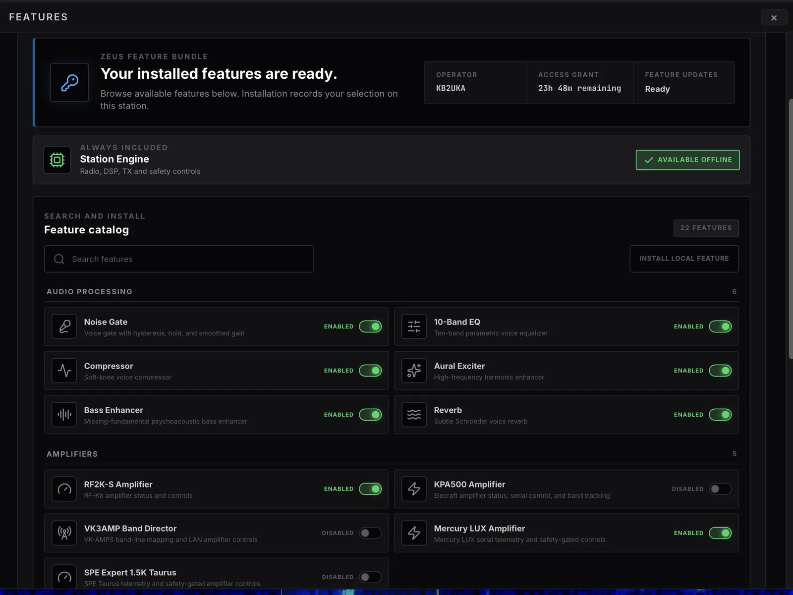 The Zeus Features catalog window listing the feature bundle with per-feature enable toggles for audio processing blocks and amplifier integrations.