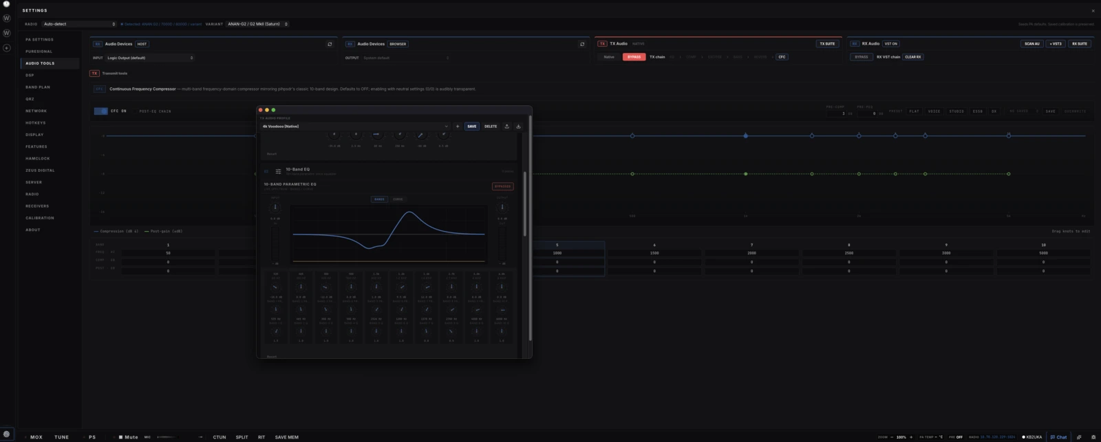 Zeus settings on the Audio Tools page with the continuous frequency compressor and a transmit audio profile window showing a 10-band parametric equaliser.